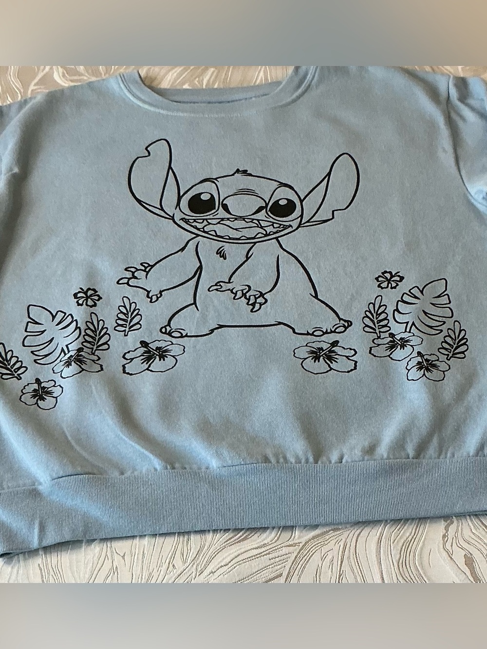 DISNEY STITCH WOMENS SWEATSHIRT MEDIUM BLUE FLORAL TROPICAL CREWNECK